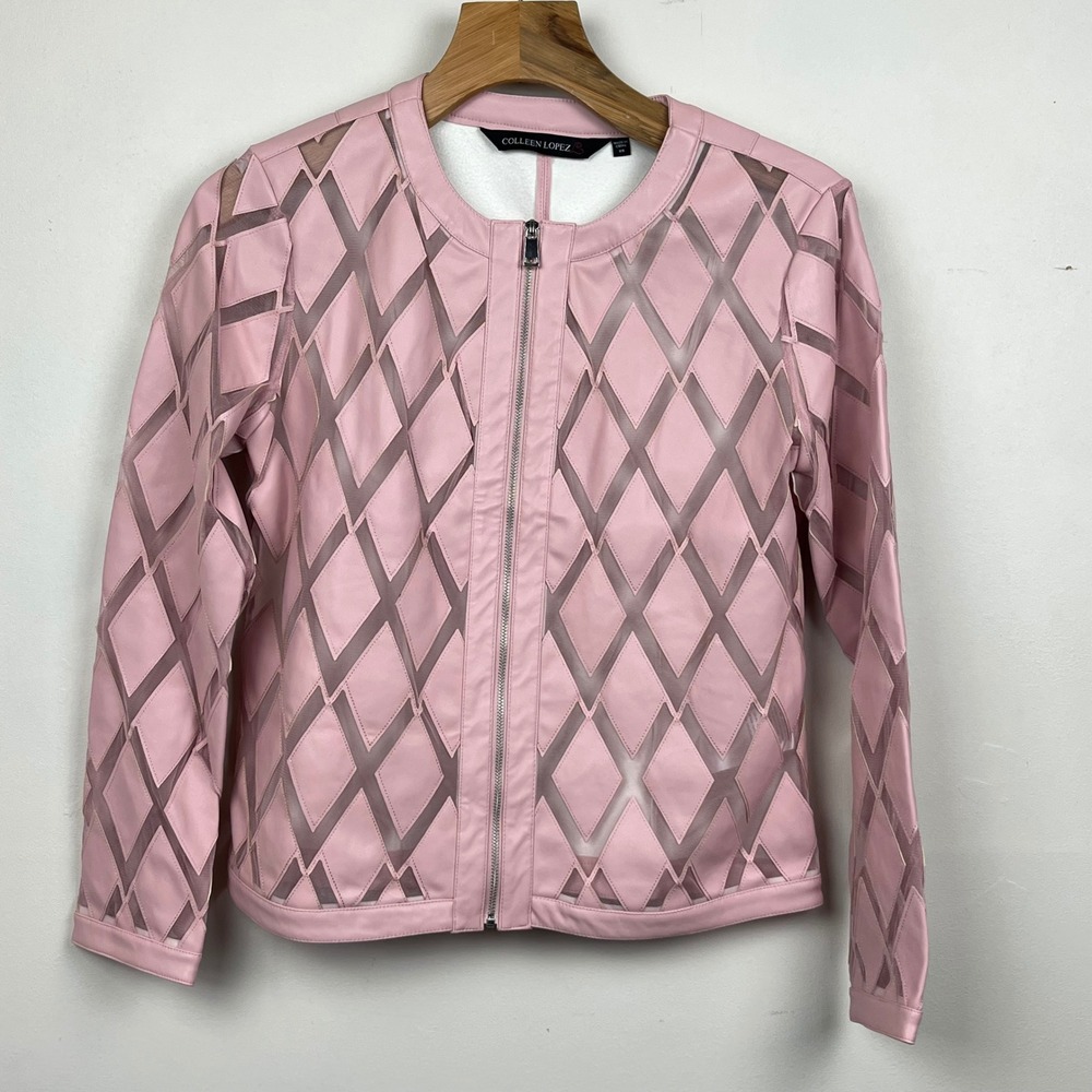 Colleen Lopez Pink Faux Leather Diamond Mesh Laser Cut Zip Jacket XS